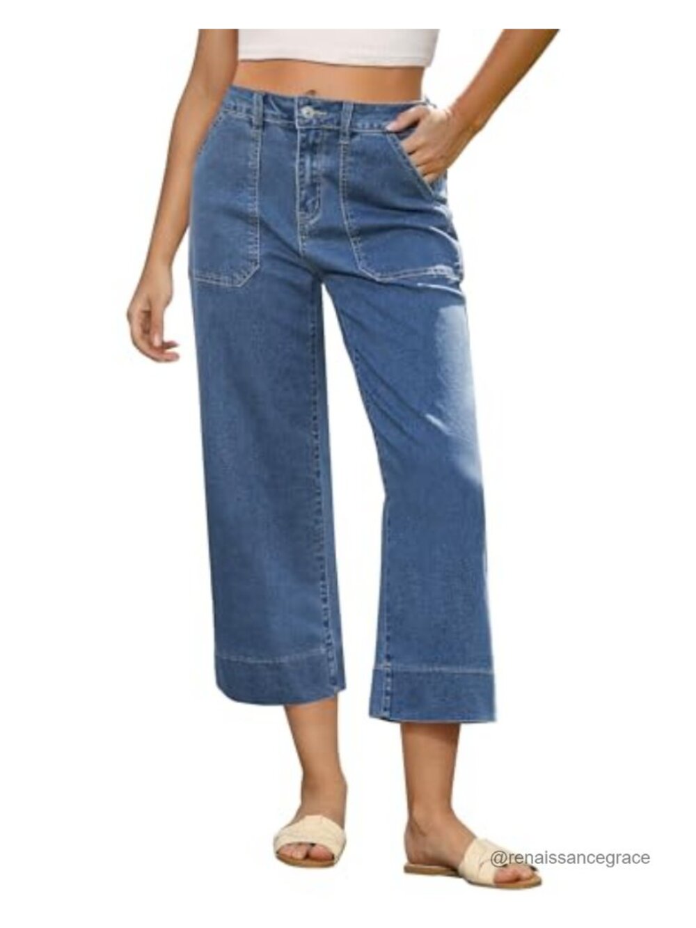 High Waisted Wide Leg Capri Jeans Cropped Denim Pants with Pockets